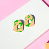 Kelly Green &amp; Peach Marble Oval Cut Out Stud Earrings