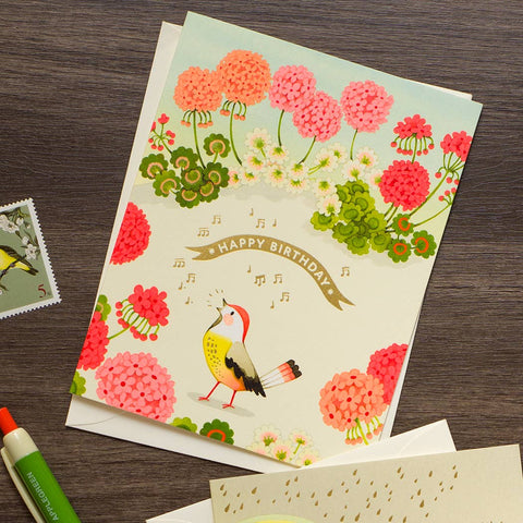 Geranium and Bird Birthday Card