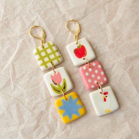 Quilt with Chicken Earrings