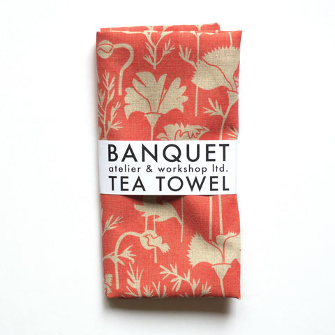 All-Linen Tea Towel with Orange Tomato Soup California Poppies