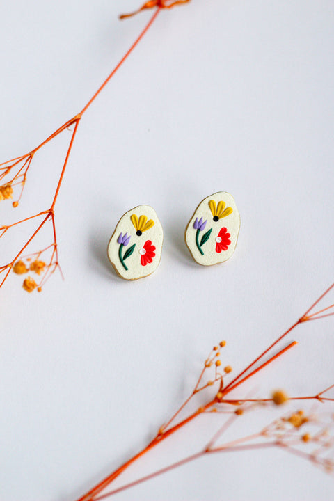 Organic Oval Floral Stud with Gold Edges