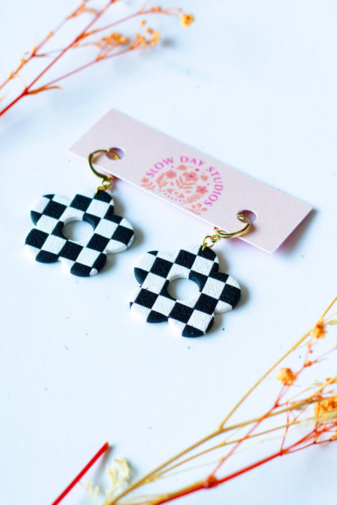 Huggie Hoop Flower Dangle Black and White Checkerboard