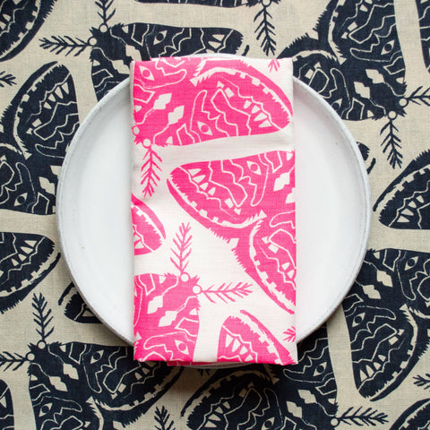 All-Linen Tea Towel with Neon Pink Moths on White Linen