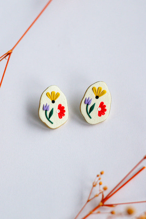 Organic Oval Floral Stud with Gold Edges