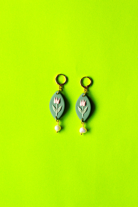 Tulip Huggie Hoop Dangle with Freshwater Pearl - Olive Green