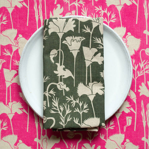 All-Linen Tea Towel with Khaki California Poppies on Natural