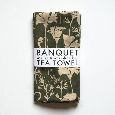 All-Linen Tea Towel with Khaki California Poppies on Natural