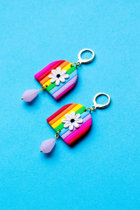 Rainbow Stripe Daisy Earrings