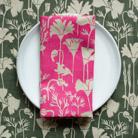 All-Linen Tea Towel with Khaki California Poppies on Natural