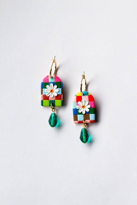 Rainbow Checkered Daisy Arch Hoop with Glass Bead