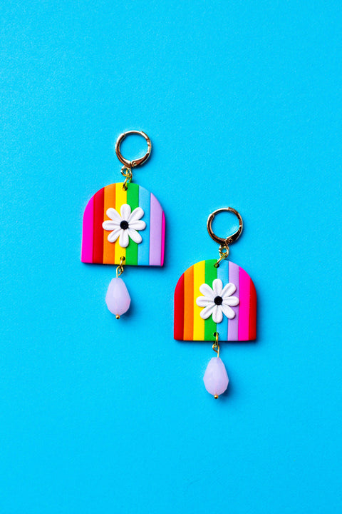 Rainbow Stripe Daisy Earrings