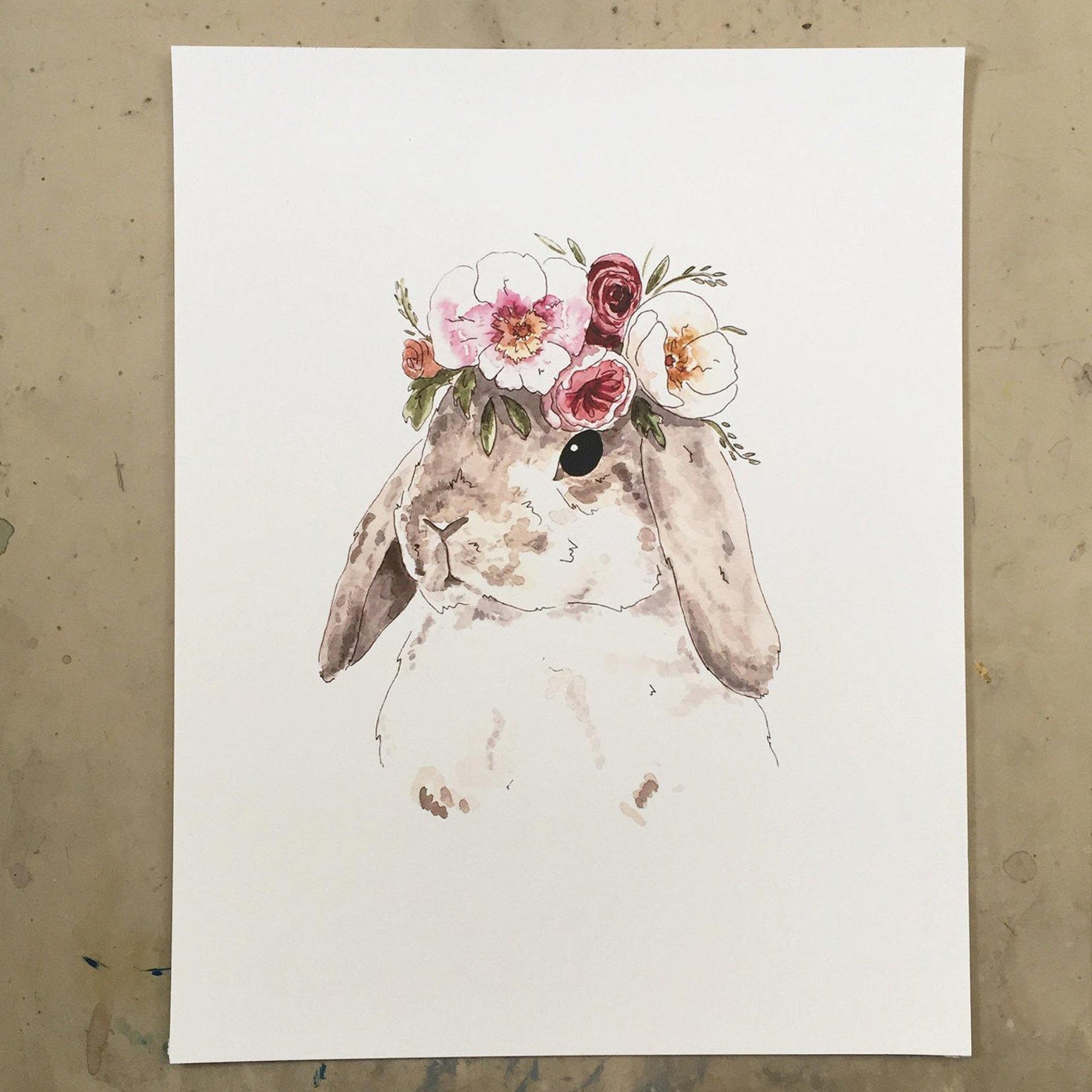 Brown Flower Bunny Print