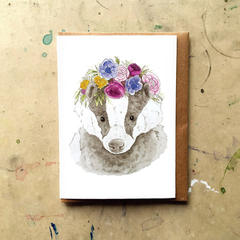 Badger with Flower Crown Card